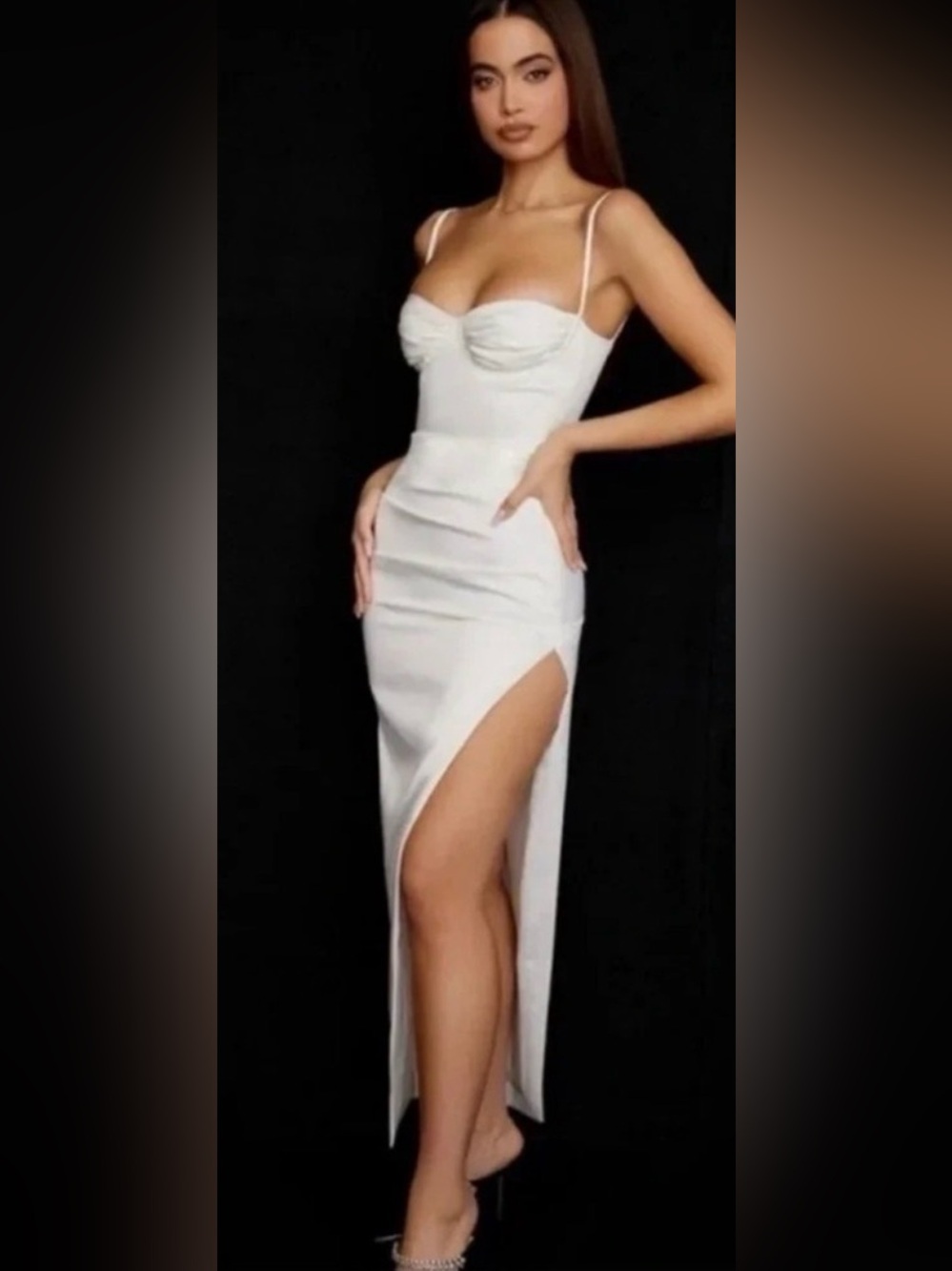 NWOT HOUSE OF CB Flora Ivory Satin Corset Side Slit Midi Dress sz L PLUS CUP - Picture 1 of 9